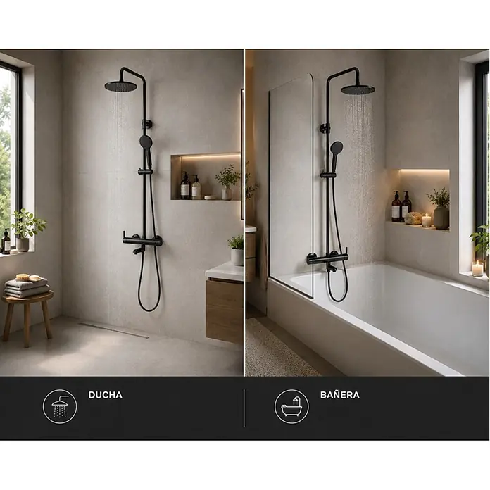 Rousseau Sistema de ducha y bañera Hera - Con grifo monomando, Distancia entre orificios: 15 cm, Número de tipos de chorro: 5 ud., Negro - Sistema de ducha negro con rociador y ducha de mano, mostrado en un espacio de ducha y sobre una bañera.