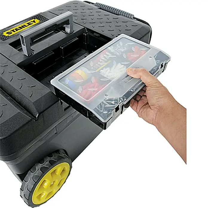 Stanley Aufbewahrungs- & Transportbox - Kunststoff, Ohne Werkzeug, Fassungsvermögen: 53 l - Der Stanley Rollwerkzeugkasten mit Sortierkasten bietet viel Stauraum für Werkzeuge und Zubehör. Ideal für Heimwerker und Profis.