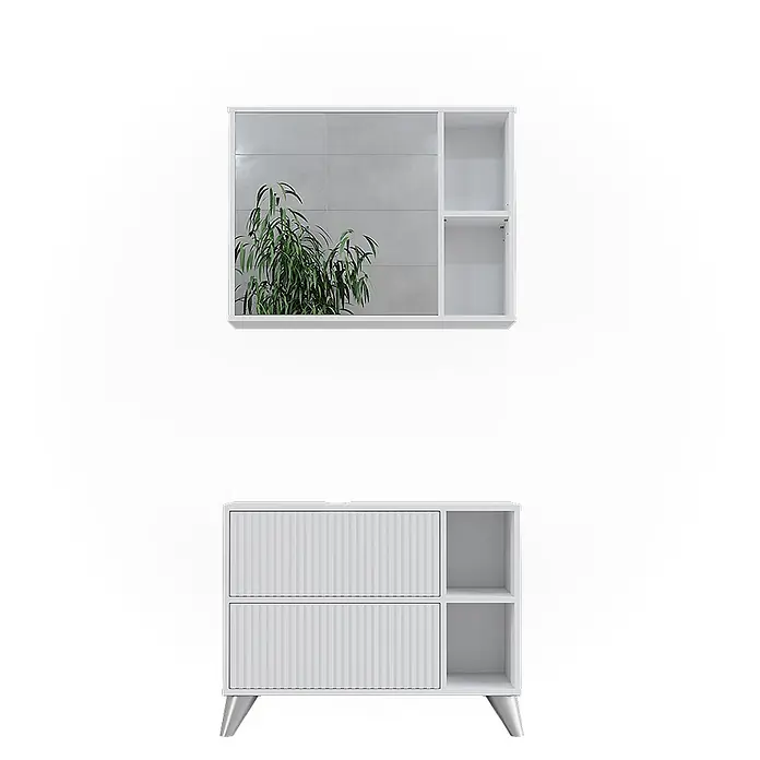 Vicco Badmöbel-Set Leano Weiß 80 cm, Set 1 - Weiß, Matt - Weißes Badmöbel-Set mit Spiegelschrank und Unterschrank mit geriffelten Schubladen und offenen Fächern.
