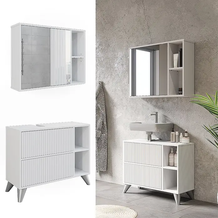 Vicco Badmöbel-Set Leano Weiß 80 cm, Set 1 - Weiß, Matt - Weißes Badezimmer-Waschtischset mit geriffelter Unterschrank und Spiegelschrank mit Schiebetür.