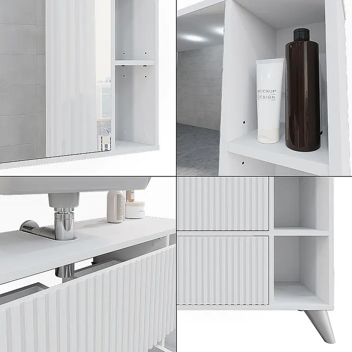 Vicco Badmöbel-Set Leano Weiß 80 cm, Set 1 - Weiß, Matt - Weißer Badschrank mit gerippten Schubladenfronten und passendem Spiegelschrank mit offenen Fächern.