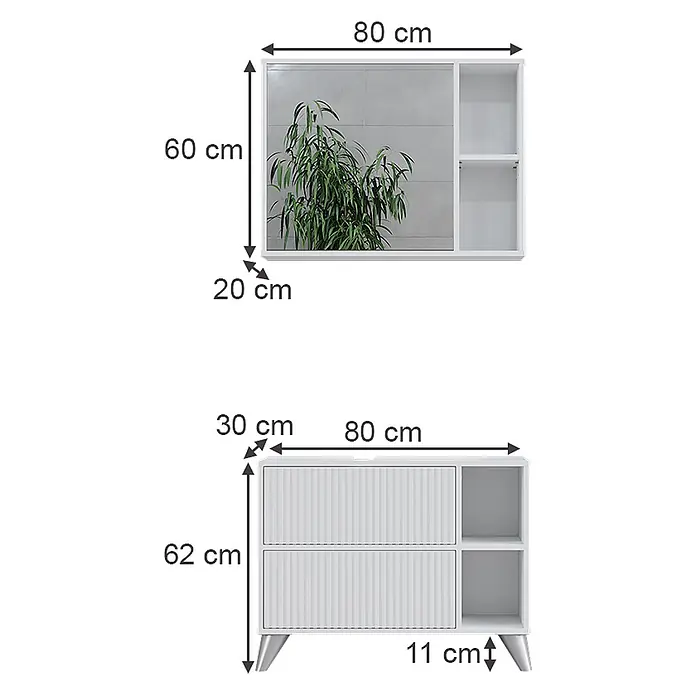 Vicco Badmöbel-Set Leano Weiß 80 cm, Set 1 - Weiß, Matt - Weißes Badezimmer-Set: Waschtischunterschrank (80x62x30 cm) mit Schubladen/Regalen auf 11 cm Beinen und passender Spiegelschrank (80x60x20 cm).