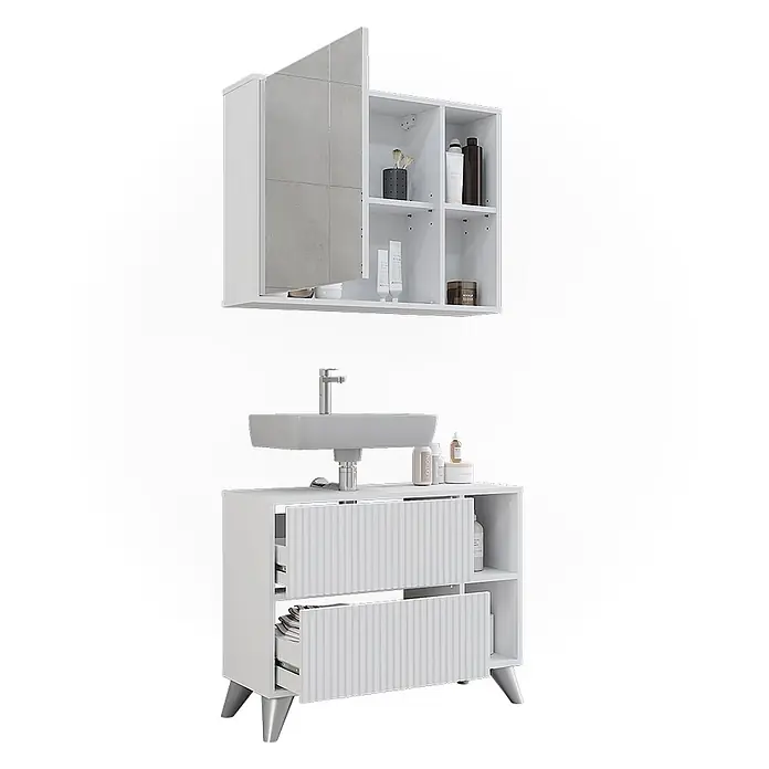 Vicco Badmöbel-Set Leano Weiß 80 cm, Set 1 - Weiß, Matt - Weißes Badmöbel-Set mit Waschbecken, geriffelten Schubladen und Spiegelschrank mit grauer Spiegeltür.