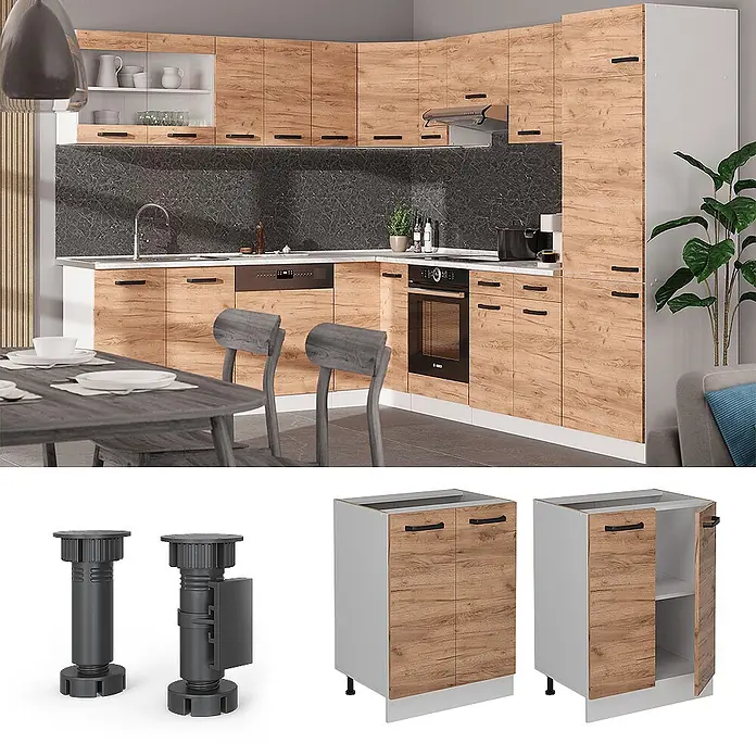 Vicco Schrankküche R-Line Goldkraft Eiche ohne Arbeitsplatte - Goldkraft Eiche, Unterschrank 60 cm - Moderne Holzküche mit dunklem Spritzschutz und Einbaugeräten. Separate Ansichten zeigen verstellbare Möbelfüße und einen Unterschrank.