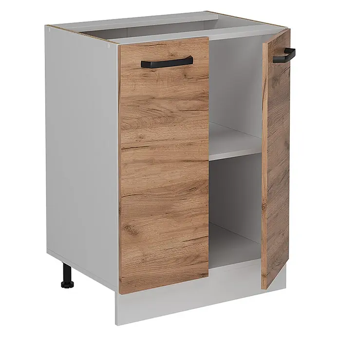 Vicco Schrankküche R-Line Goldkraft Eiche ohne Arbeitsplatte - Goldkraft Eiche, Unterschrank 60 cm - Heller grauer Küchenunterschrank mit zwei Holztüren, schwarzen Griffen und einem Einlegeboden.