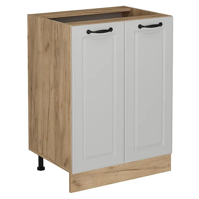 Vicco Schrankküche R-Line Weiß Landhaus ohne Arbeitsplatte - Weiß Landhaus, Unterschrank 60 cm - Küchenunterschrank mit zwei hellgrauen Kassettentüren, schwarzen Griffen und Korpus sowie Sockelblende in rustikaler Holzoptik.