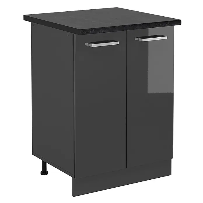 Vicco Schrankküche R-Line Anthrazit Hochglanz, AP Anthrazit - Anthrazit Hochglanz, Unterschrank 60 cm, AP Anthrazit - Dunkelgrauer Küchenunterschrank mit zwei Hochglanztüren, Metallgriffen, dunkler Arbeitsplatte und Sockel.