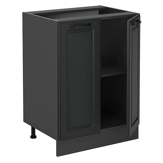 Vicco Schrankküche R-Line Anthrazit Landhaus AP Marmor - Breite: 60 cm, Anthrazit Landhaus, Unterschrank 60 cm - Dunkelgrauer Küchenunterschrank mit zwei Türen, eine offen, die ein Innenregal zeigt. Mit schwarzen Griffen und einem verstellbaren Bein.