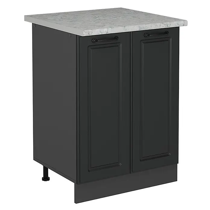 Vicco Schrankküche R-Line Anthrazit Landhaus AP Marmor - Breite: 60 cm, Anthrazit Landhaus, Unterschrank 60 cm - Dunkelgrauer Unterschrank mit zwei Paneeltüren, schwarzen Griffen und weißer Marmor-Arbeitsplatte. Mit Sockel und verstellbaren Füßen.