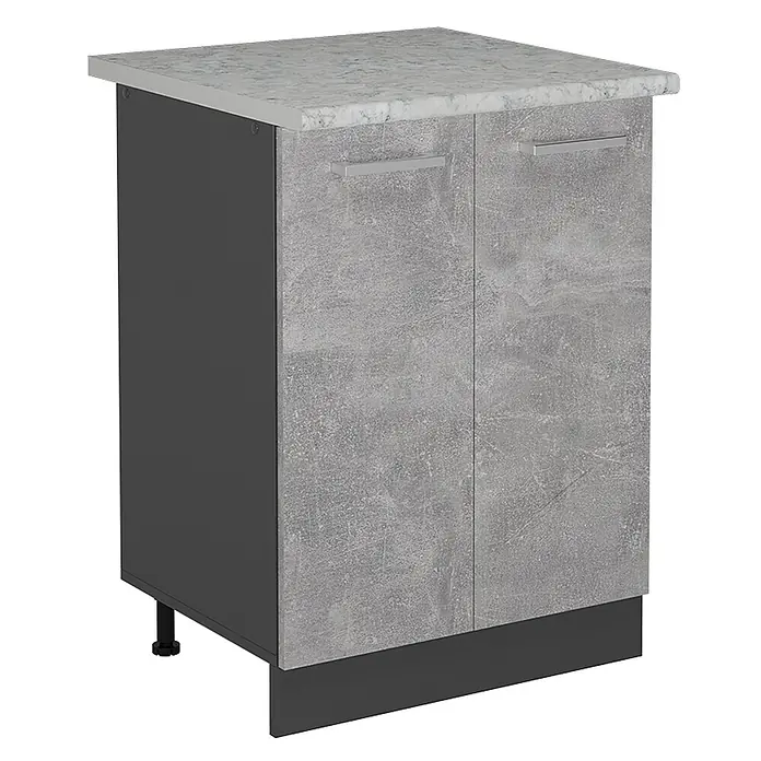 Vicco Schrankküche R-Line Beton AP Marmor - Beton, Unterschrank 60 cm, AP Marmor - Unterschrank mit Beton-Optik Fronten, heller Marmor-Arbeitsplatte, dunkelgrauem Korpus und silbernen Griffen.