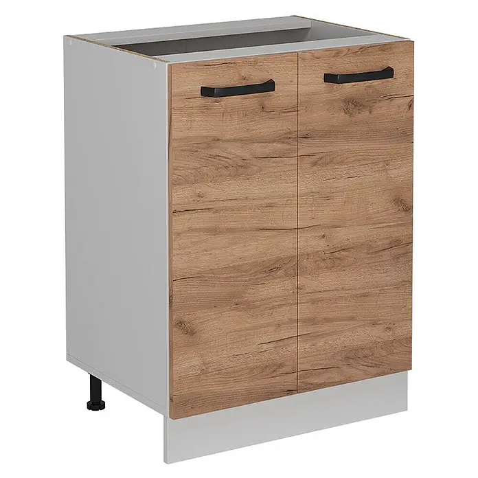 Vicco Schrankküche R-Line Goldkraft Eiche ohne Arbeitsplatte - Goldkraft Eiche, Unterschrank 60 cm - Zweitüriger Küchenunterschrank mit hellgrauem Korpus, hellbraunen Holzdekor-Türen und schwarzen Griffen, montagefertig.