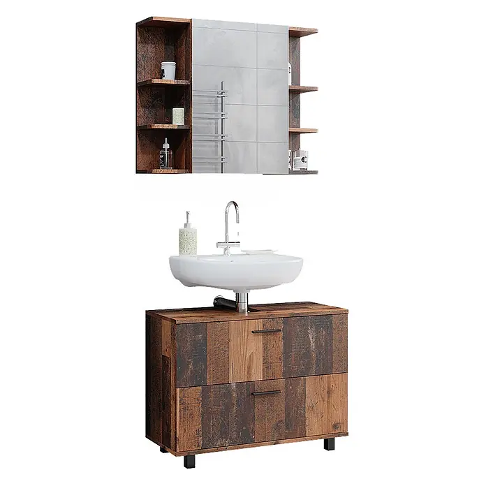 Vicco Badmöbel-Set Ilias Eiche rustikal 2 Teile, Unterschrank 80 cm - Gesamtbreite Badmöbel: 80,2 cm, Eiche rustikal, Matt - Rustikaler Badezimmerschrank aus Holz mit weißem Waschbecken und Chromarmatur, dazu passender Spiegelschrank mit offenen Regalen.
