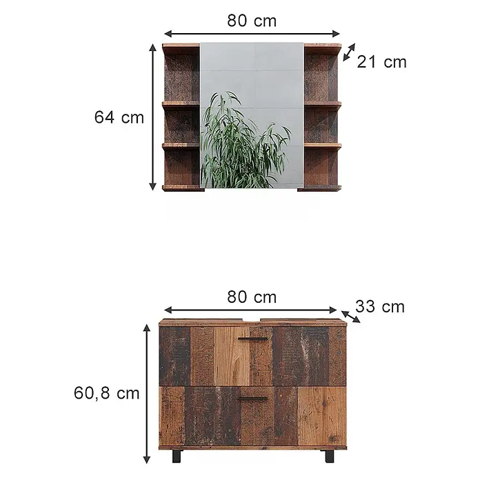 Vicco Badmöbel-Set Ilias Eiche rustikal 2 Teile, Unterschrank 80 cm - Gesamtbreite Badmöbel: 80,2 cm, Eiche rustikal, Matt - Badezimmermöbel-Set im rustikalen Holz-Look mit Spiegel, Seitenregalen und Unterschrank mit zwei Schubladen.