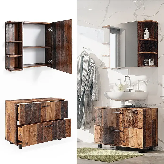 Vicco Badmöbel-Set Ilias Eiche rustikal 2 Teile, Unterschrank 80 cm - Gesamtbreite Badmöbel: 80,2 cm, Eiche rustikal, Matt - Rustikales Badezimmer-Set aus dunklem Holz: Spiegelschrank mit Regalen und Waschtisch mit zwei Schubladen, im Bad.