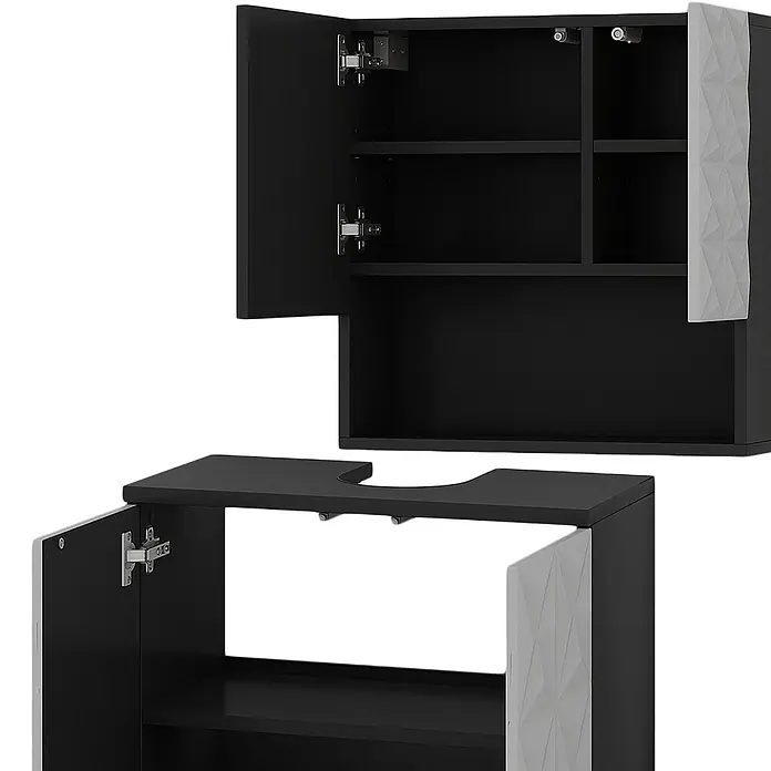 Vicco Badmöbel-Set Edge Schwarz 2 Teile - Gesamtbreite Badmöbel: 60 cm, Schwarz, Matt - Schwarzes Badmöbel-Set mit weißen strukturierten Türen. Mit Regalen und einem Unterschrank mit U-Ausschnitt für ein Waschbecken.