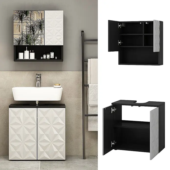 Vicco Badmöbel-Set Edge Schwarz 2 Teile - Gesamtbreite Badmöbel: 60 cm, Schwarz, Matt - Modernes schwarz-weißes Badezimmermöbel-Set mit geometrisch gemusterten Türen und integriertem weißen Waschbecken.