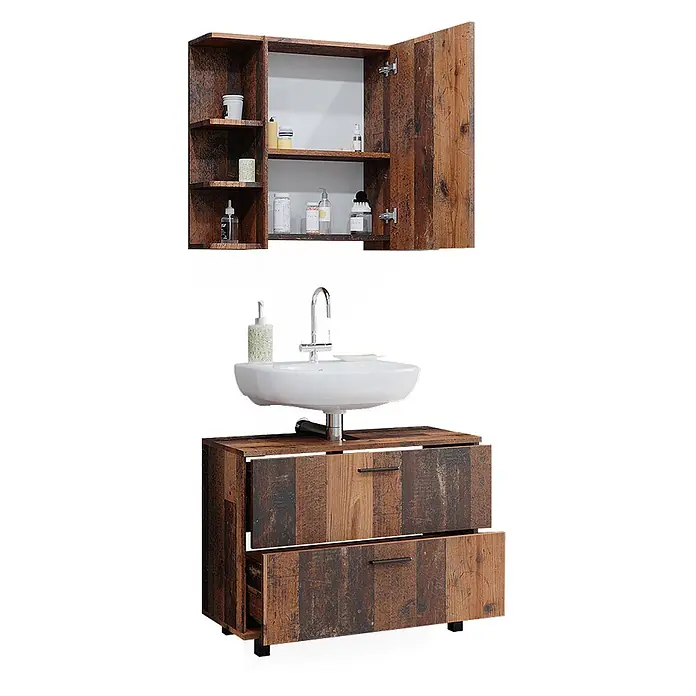 Vicco Badmöbel-Set Ilias Eiche rustikal 2 Teile, Unterschrank 80 cm - Gesamtbreite Badmöbel: 80,2 cm, Eiche rustikal, Matt - Badezimmerset aus rustikalem dunklem Holz mit Hängeschrank (offene Regale, Spiegeltür) und Unterschrank (weißes Waschbecken, Schubladen).