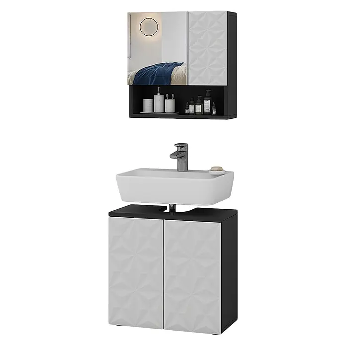 Vicco Badmöbel-Set Edge Schwarz 2 Teile - Gesamtbreite Badmöbel: 60 cm, Schwarz, Matt - Schwarz-weißer, geometrisch texturierter Badmöbel-Set mit Waschbecken und passendem Wandschrank.