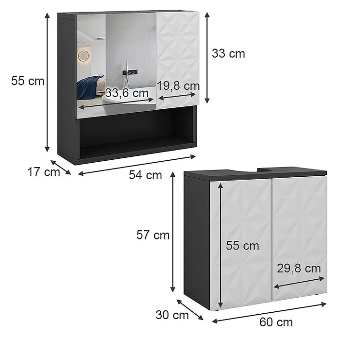 Vicco Badmöbel-Set Edge Schwarz 2 Teile - Gesamtbreite Badmöbel: 60 cm, Schwarz, Matt - Zwei dunkelgraue Badschränke, einer als Spiegelschrank, der andere als Unterschrank mit weißen Mustertüren, mit Maßen.