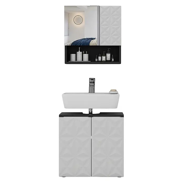 Vicco Badmöbel-Set Edge Schwarz 2 Teile - Gesamtbreite Badmöbel: 60 cm, Schwarz, Matt - Modernes weiß-schwarzes Badmöbelset mit geometrisch strukturierten Schranktüren und Spiegelschrank.
