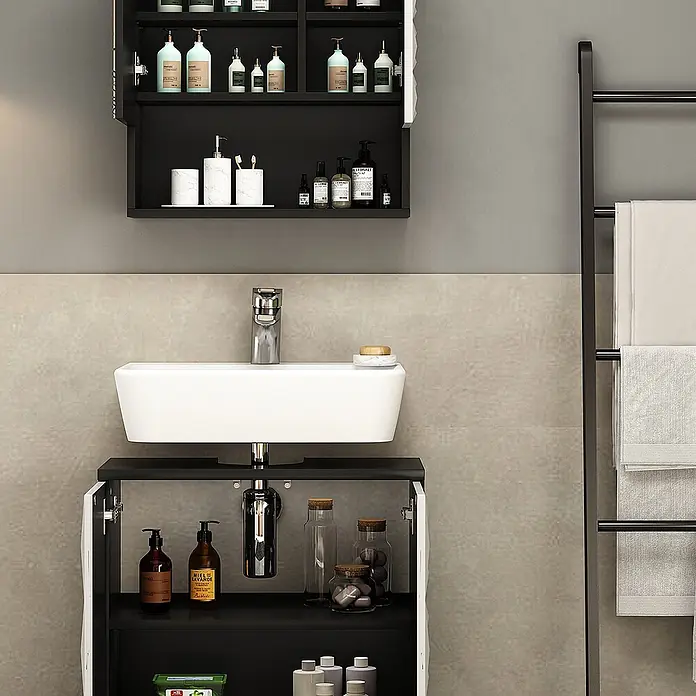 Vicco Badmöbel-Set Edge Schwarz 2 Teile - Gesamtbreite Badmöbel: 60 cm, Schwarz, Matt - Ein moderner schwarzer Badezimmerschrank mit weißem Waschbecken, Armatur und integriertem Wand- und Unterschrankstauraum im Bad.