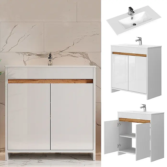 Vicco Badmöbel-Set Lemgo Weiß Hochglanz 2 Teile, Unterschrank 80 cm - Gesamtbreite Badmöbel: 78 cm, Weiß Hochglanz, Matt - Weißglänzender Badschrank mit Holzdetail, integriertem Waschbecken und Wasserhahn.