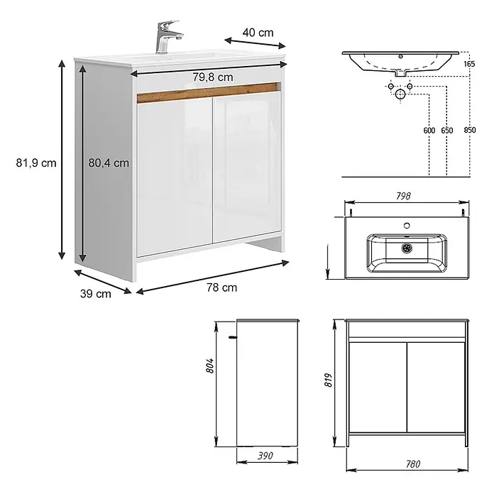 Vicco Badmöbel-Set Lemgo Weiß Hochglanz 2 Teile, Unterschrank 80 cm - Gesamtbreite Badmöbel: 78 cm, Weiß Hochglanz, Matt - Weißer Badunterschrank mit Waschbecken, Armatur, zwei Türen und einem Holz-Akzentstreifen.
