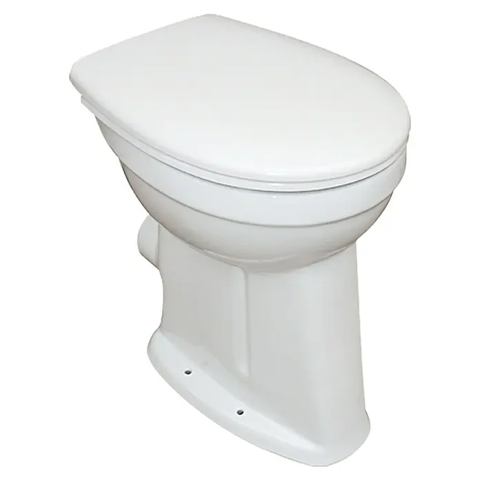 Camargue Stand-WC-Set Plus 100 - Mit Spülrand, WC Abgang: Waagerecht, Weiß - Das Bild zeigt eine weiße Toilette mit geschlossenem Deckel, die für Badezimmer oder Sanitärbereiche geeignet ist.