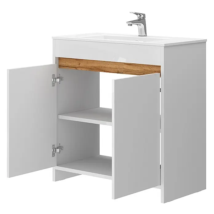 Vicco Badmöbel-Set Lemgo Weiß Hochglanz 2 Teile, Unterschrank 80 cm - Gesamtbreite Badmöbel: 78 cm, Weiß Hochglanz, Matt - Weißer Waschtischunterschrank mit integriertem Waschbecken und Chromarmatur, Holzdekor und offenen Türen mit zwei Einlegeböden.