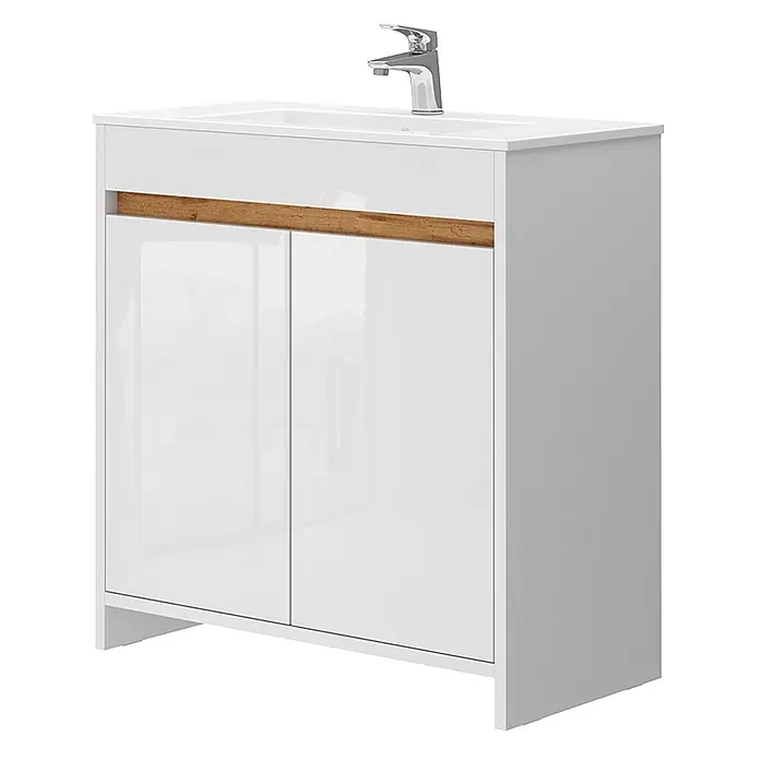 Vicco Badmöbel-Set Lemgo Weiß Hochglanz 2 Teile, Unterschrank 80 cm - Gesamtbreite Badmöbel: 78 cm, Weiß Hochglanz, Matt - Weißer Badunterschrank mit integriertem Waschbecken, Chromarmatur und Holzgriff.
