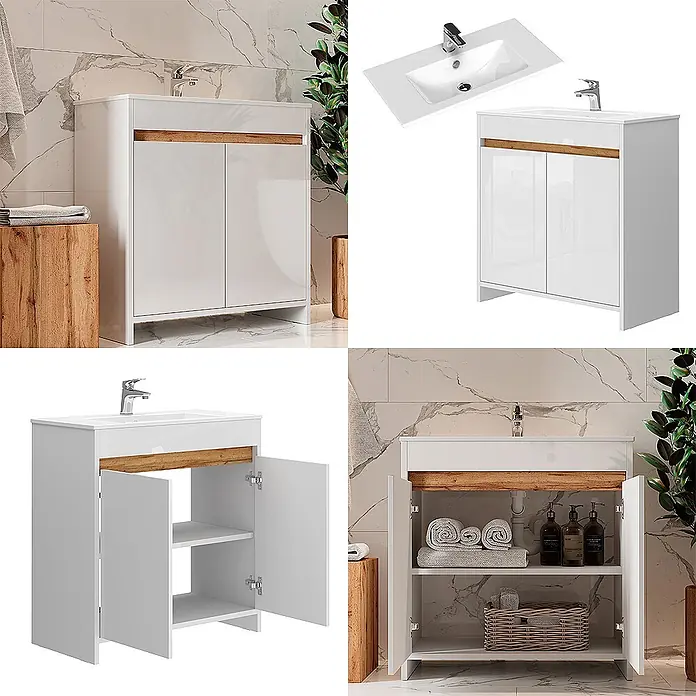 Vicco Badmöbel-Set Lemgo Weiß Hochglanz 2 Teile, Unterschrank 80 cm - Gesamtbreite Badmöbel: 78 cm, Weiß Hochglanz, Matt - Weißer Badunterschrank mit integriertem Waschbecken und Holzdekor, offen und geschlossen gezeigt, mit Stauraum.