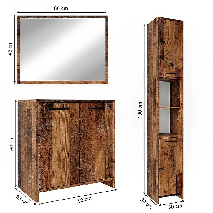 Vicco Badmöbel-Set Kiko Eiche rustikal 3 Teile, mit Hochschrank - Gesamtbreite Badmöbel: 88 cm, Eiche rustikal, Matt - Rustikales Badezimmer-Set aus Holz mit Spiegel, Unterschrank und Hochschrank.