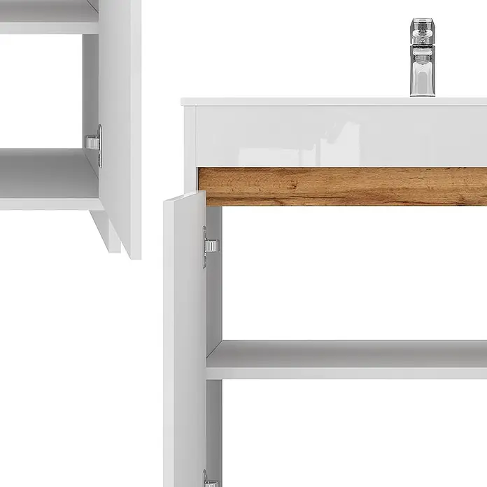 Vicco Badmöbel-Set Lemgo Weiß Hochglanz 2 Teile, Unterschrank 80 cm - Gesamtbreite Badmöbel: 78 cm, Weiß Hochglanz, Matt - Weißer Hochglanz-Badschrank mit Holzakzent, offenen Türen und verchromter Armatur.