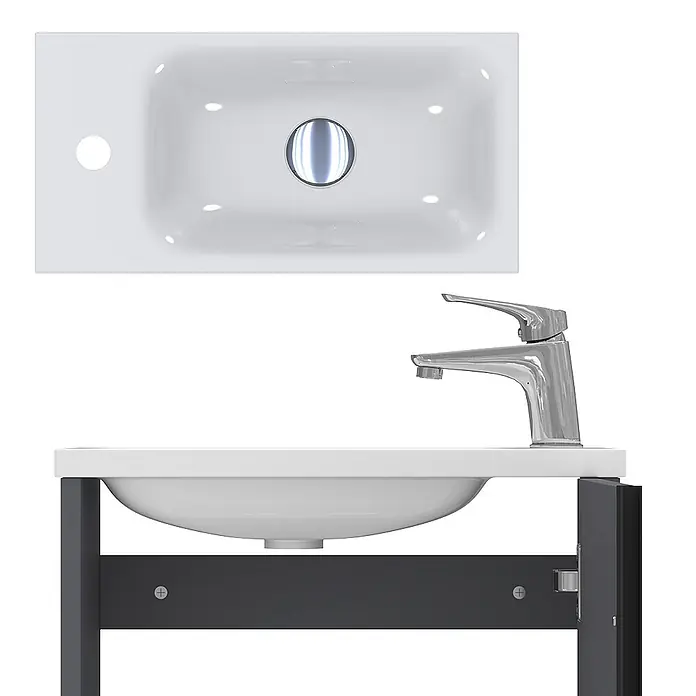 Vicco Badmöbel-Set Kleo Anthrazit 2 Teile - Gesamtbreite Badmöbel: 49 cm, Anthrazit, Matt - Weißes Keramikwaschbecken mit Chromarmatur auf einem dunkelgrauen offenen Waschtischunterschrank.