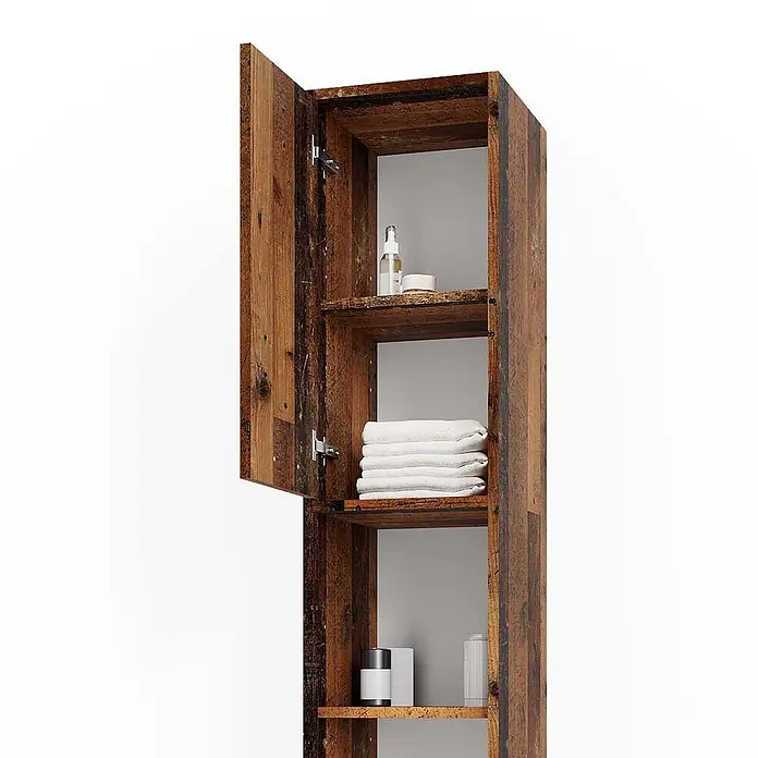 Vicco Badmöbel-Set Kiko Eiche rustikal 3 Teile, mit Hochschrank - Gesamtbreite Badmöbel: 88 cm, Eiche rustikal, Matt - Rustikaler Holz Hochschrank mit geöffneter Tür, der Regale mit Toilettenartikeln und Handtüchern zeigt.