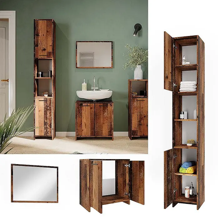 Vicco Badmöbel-Set Kiko Eiche rustikal 3 Teile, mit Hochschrank - Gesamtbreite Badmöbel: 88 cm, Eiche rustikal, Matt - Rustikale Badezimmermöbel aus dunklem Holz: Hochschrank, Waschtischunterschrank mit Waschbecken und Spiegel.