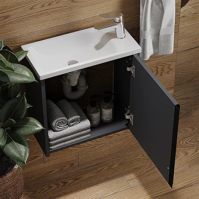 Vicco Badmöbel-Set Kleo Anthrazit 2 Teile - Gesamtbreite Badmöbel: 49 cm, Anthrazit, Matt - Dunkelgrauer Waschtischunterschrank mit weißem Waschbecken und Chromarmatur, bietet praktischen Stauraum.