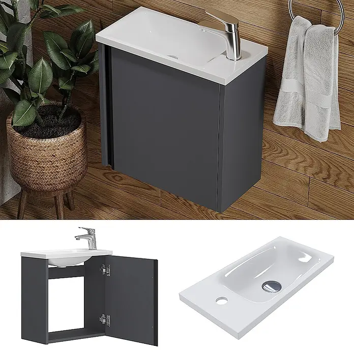 Vicco Badmöbel-Set Kleo Anthrazit 2 Teile - Gesamtbreite Badmöbel: 49 cm, Anthrazit, Matt - Dunkelgrauer wandmontierter Badunterschrank mit weißem Keramikwaschbecken und Chromarmatur.