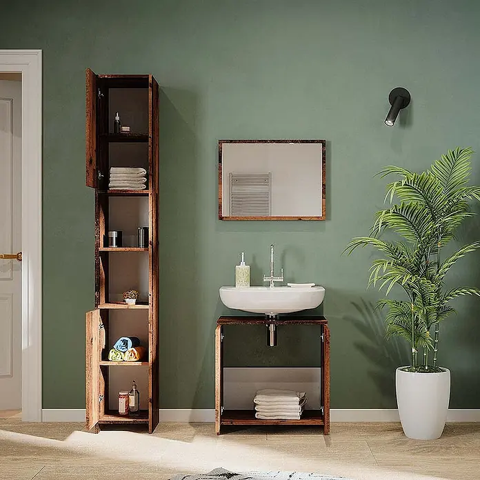 Vicco Badmöbel-Set Kiko Eiche rustikal 3 Teile, mit Hochschrank - Gesamtbreite Badmöbel: 88 cm, Eiche rustikal, Matt - Dunkle Holz-Badmöbel mit weißem Waschbecken und hohem Stauraumschrank.