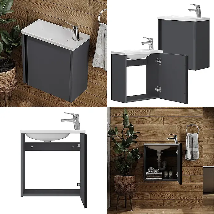 Vicco Badmöbel-Set Kleo Anthrazit 2 Teile - Gesamtbreite Badmöbel: 49 cm, Anthrazit, Matt - Dunkelgrauer wandmontierter Badunterschrank mit weißem Keramikwaschbecken und Chromarmatur, offen und geschlossen gezeigt.