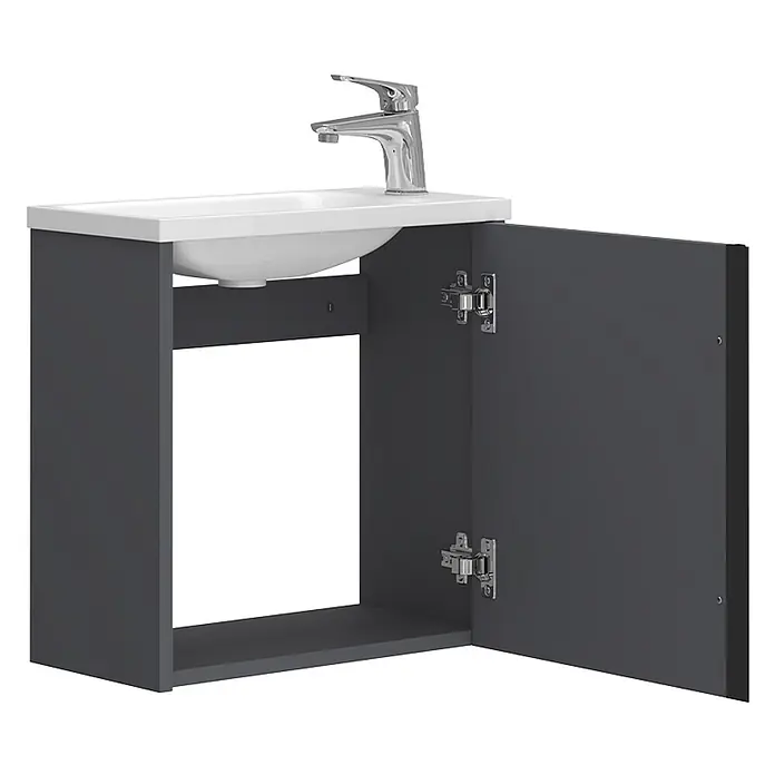 Vicco Badmöbel-Set Kleo Anthrazit 2 Teile - Gesamtbreite Badmöbel: 49 cm, Anthrazit, Matt - Dunkelgrauer Badezimmerschrank mit weißem Waschbecken, Chromarmatur und offener Tür.