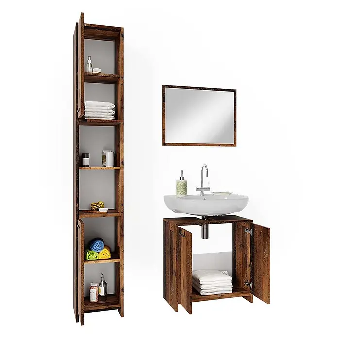 Vicco Badmöbel-Set Kiko Eiche rustikal 3 Teile, mit Hochschrank - Gesamtbreite Badmöbel: 88 cm, Eiche rustikal, Matt - Badmöbel-Set aus dunklem Altholz mit Hochschrank, Spiegel und Waschtischunterschrank.
