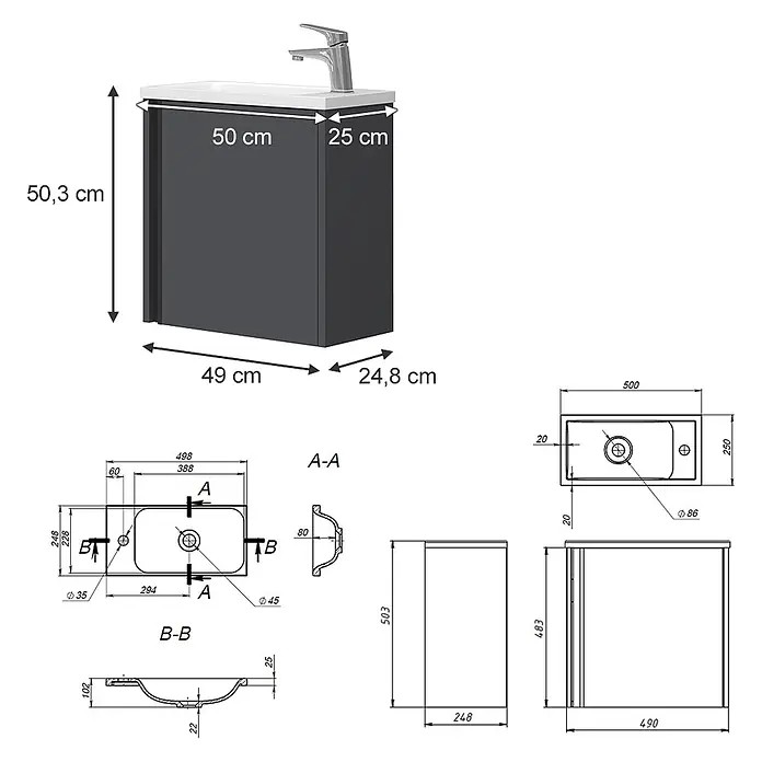 Vicco Badmöbel-Set Kleo Anthrazit 2 Teile - Gesamtbreite Badmöbel: 49 cm, Anthrazit, Matt - Dunkelgrauer Badezimmerschrank mit weißem Waschbecken und Chromarmatur, plus technische Zeichnungen.