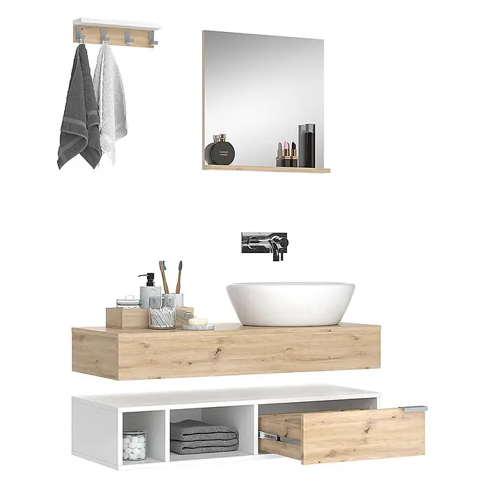 Vicco Badmöbel-Set Henri Weiß 4 Teile - Gesamtbreite Badmöbel: 130 cm, Weiß, Matt - Badezimmermöbel-Set mit Waschtisch aus hellem Holz, weißem Waschbecken, Spiegel und weißen/hellen Holz-Aufbewahrungseinheiten.