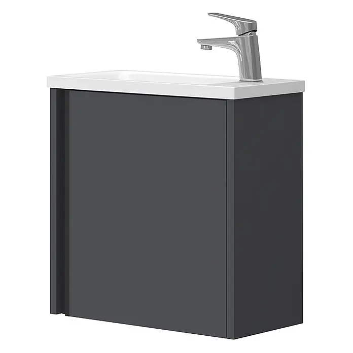 Vicco Badmöbel-Set Kleo Anthrazit 2 Teile - Gesamtbreite Badmöbel: 49 cm, Anthrazit, Matt - Dunkelgrauer wandhängender Badunterschrank mit weißem Keramikwaschbecken und Chromarmatur.