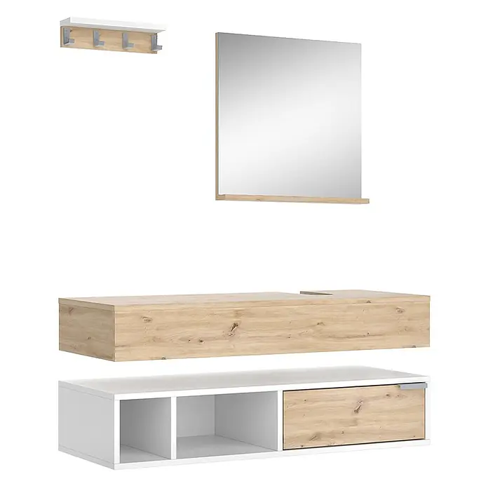 Vicco Badmöbel-Set Henri Weiß 4 Teile - Gesamtbreite Badmöbel: 130 cm, Weiß, Matt - Weiße und hellbraune Flurmöbel: Garderobe, Spiegel und zwei wandmontierte Aufbewahrungseinheiten.