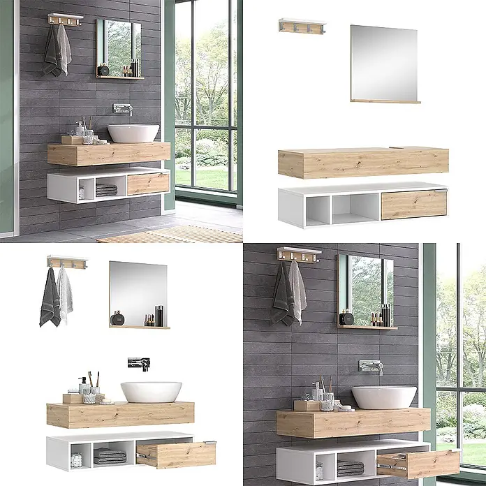 Vicco Badmöbel-Set Henri Weiß 4 Teile - Gesamtbreite Badmöbel: 130 cm, Weiß, Matt - Hellbrauner und weißer Badezimmerschrank mit schwebendem Waschbeckenunterschrank, Schubladeneinheit, Spiegelablage und Wandhaken.
