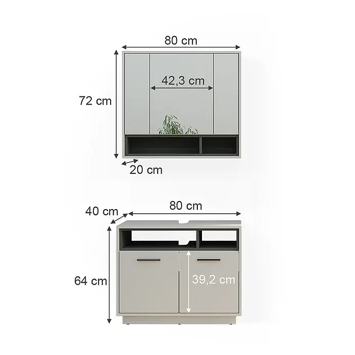 Vicco Badmöbel-Set Beatrice Grau 2 Teile - Gesamtbreite Badmöbel: 80 cm, Grau, Matt - Zwei moderne hell- und dunkelgraue Möbelstücke mit Maßen: ein Hängeschrank (80x72x20 cm) und ein Unterschrank (80x64x40 cm).