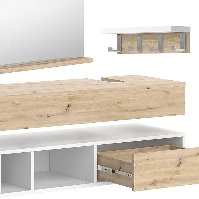 Vicco Badmöbel-Set Henri Weiß 4 Teile - Gesamtbreite Badmöbel: 130 cm, Weiß, Matt - Garderobenset: Spiegel mit Ablage, Hakenleiste und Unterschrank mit Schublade, in heller Holzoptik und Weiß.