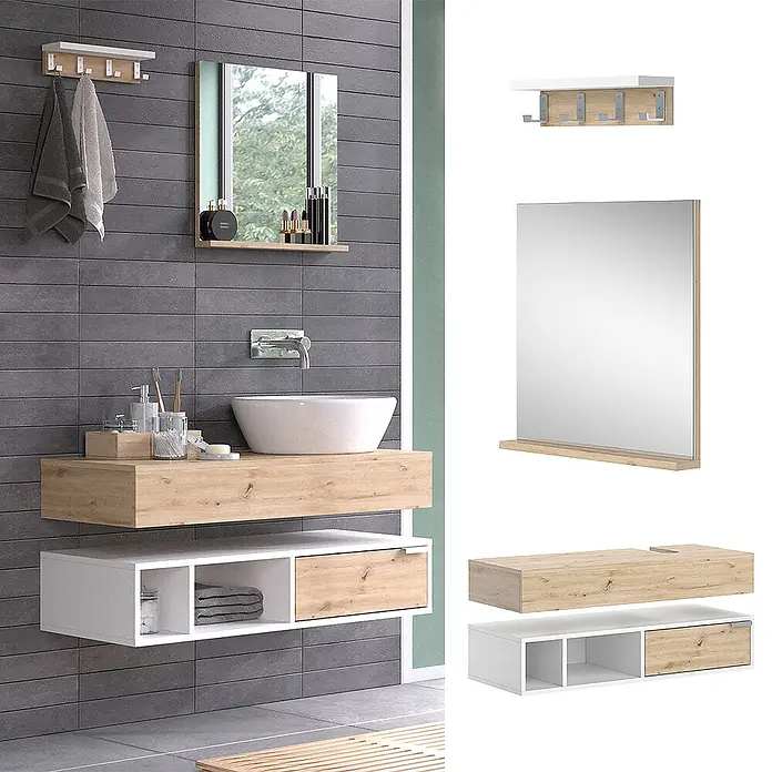 Vicco Badmöbel-Set Henri Weiß 4 Teile - Gesamtbreite Badmöbel: 130 cm, Weiß, Matt - Modernes wandmontiertes Badmöbel-Set in hellem Holz und Weiß, bestehend aus Waschtisch mit Waschbecken, Stauraum, Spiegel mit Ablage und Hakenleiste.